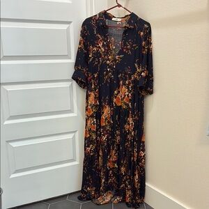 NATURAL LIFE Blue and Orange Maxi Sundress with Notched Collar